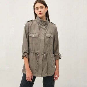 Korye Gray Utility Jacket Size L Pockets Tab Sleeves Cinch Waist Anorak Gorpcore
